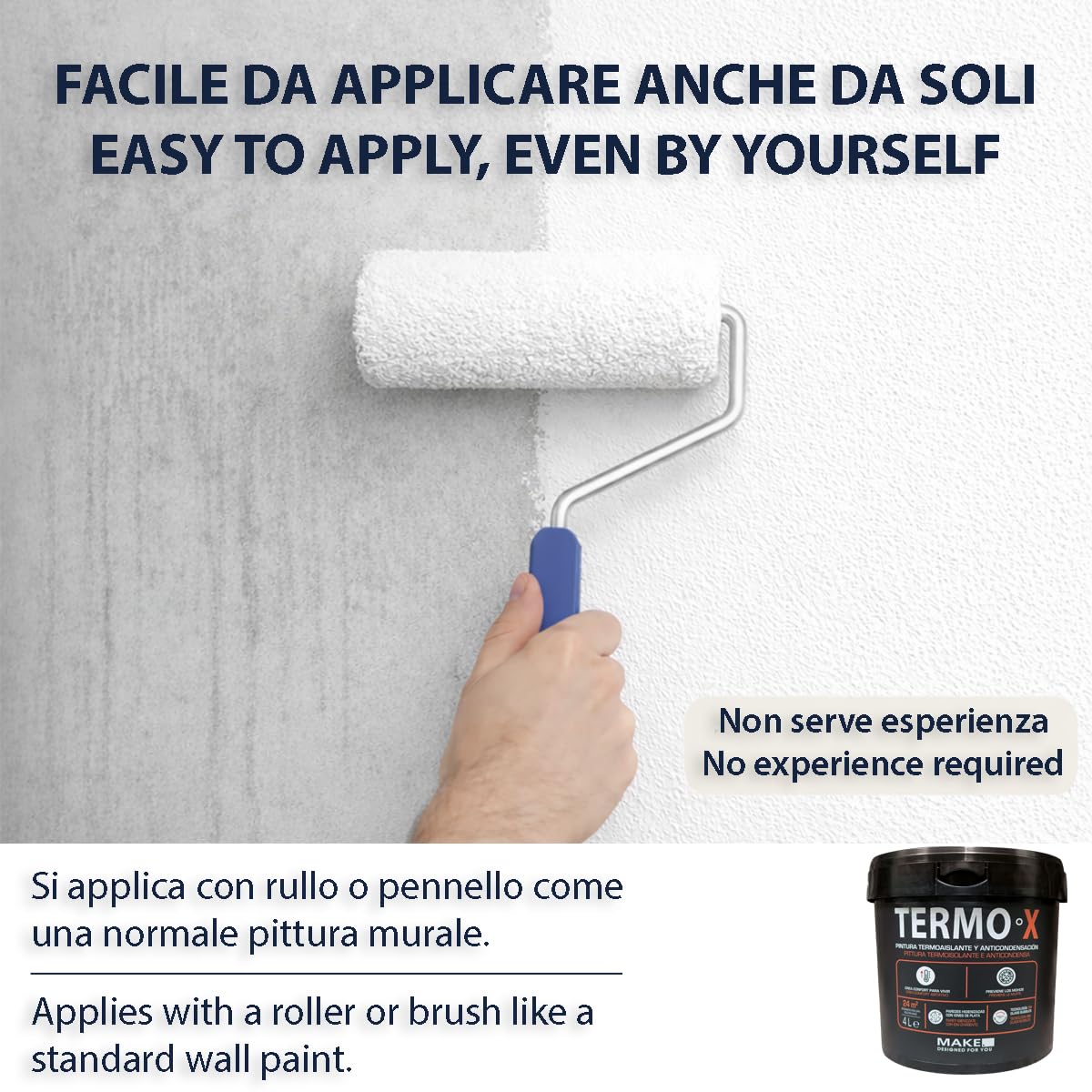 MAKE Pittura Antimuffa Termica Interni 4 L - Pittura Anti Condensa per Pareti Fredde - Stop Muffa Bagno Cucina - Microsfere 3M Isolanti - Copre 24 m² - Bianco Opaco