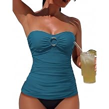 Hilor Bandeau Tankini Tops for Women Ruched Tummy Control Swimsuit Top | O-Ring Strapless Bathing Suit Tops with Removable Straps Slimming Swimwear Convertible Swim Top
