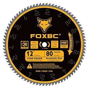 FOXBC 12 Inch Miter Saw Blade 80 Tooth Fine Finish Wood Crosscutting Saw Blade with 1 Inch Arbor