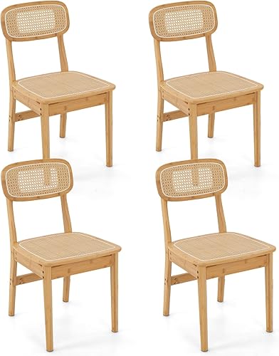 GOFLAME Juego de 4 sillas de comedor de ratán, sillas de cocina modernas de mediados de siglo con respaldo y asiento tejido de caña, marco de bambú