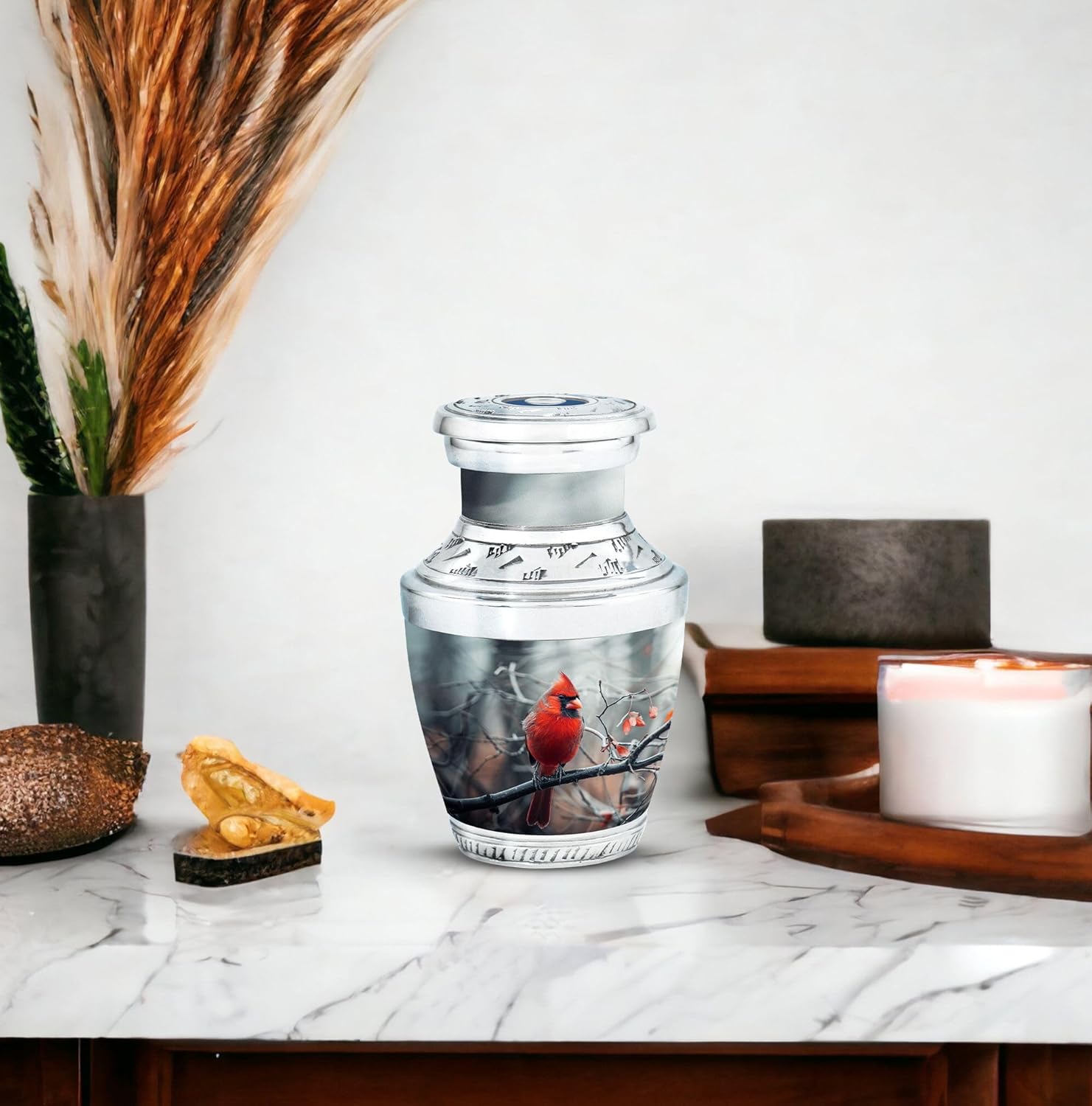 Cardinal Urn for Ashes, Small Urns, Silver Urns for Human Ashes Adult Male, Cremation Urn for Ashes, Urns for Human Ashes Adult Man, Keepsake Urns for Human Ashes, Pet Urn for Ashes