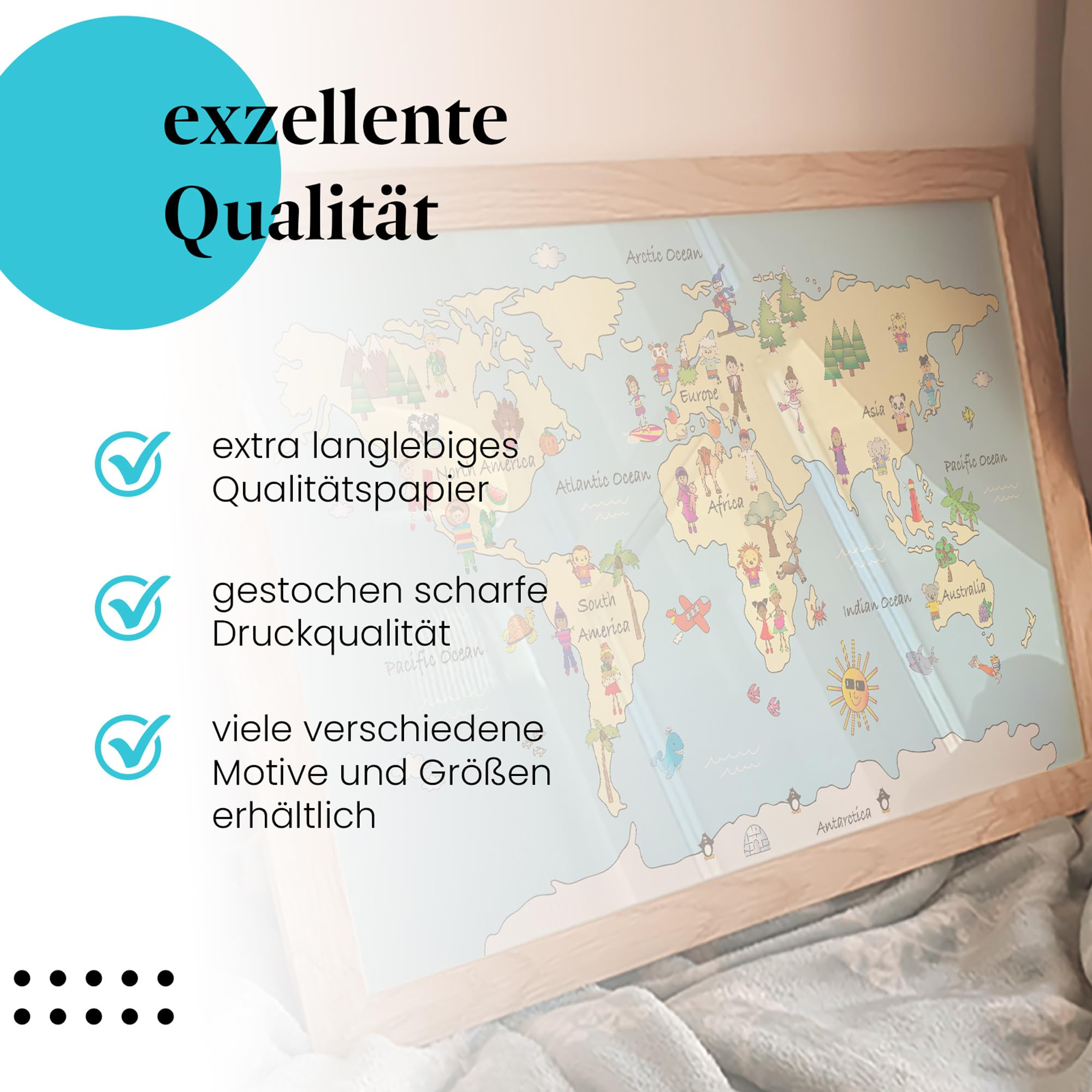 Postereck - 2353 - Weltkarte, Kontinente Kinderzimmer Schule Lernen - Kinder Kinderzimmer Kinderbild Wandposter Fotoposter Bilder Wandbild Wandbilder - Leinwand - 100,0 cm x 75,0 cm