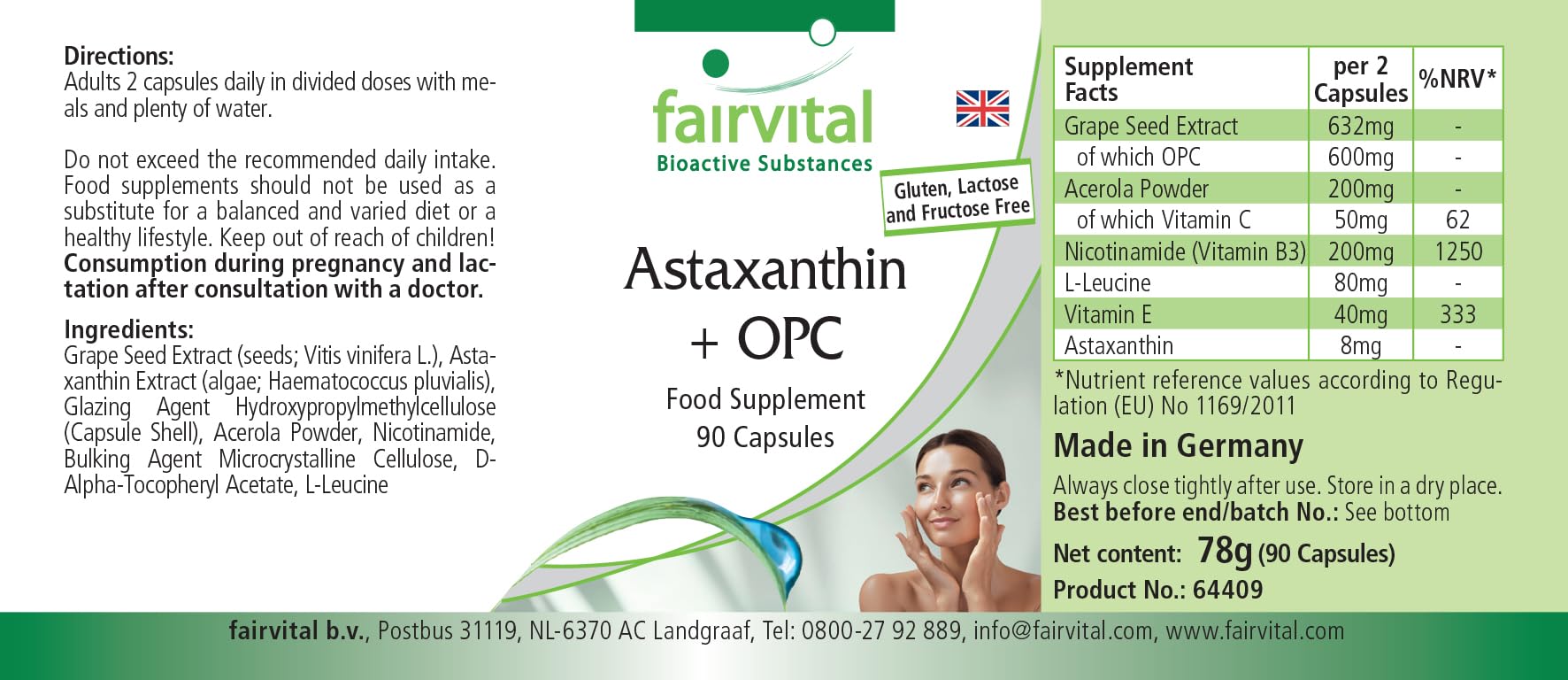 fairvital Astaxanthine + OPC, 90 gélules, avec vitamine c d'acerola, nicotinamide (vitamine B3) et vitamine E, qualité certifiée et hautement dosé, 100% végétalien, fabriqué en Allemagne