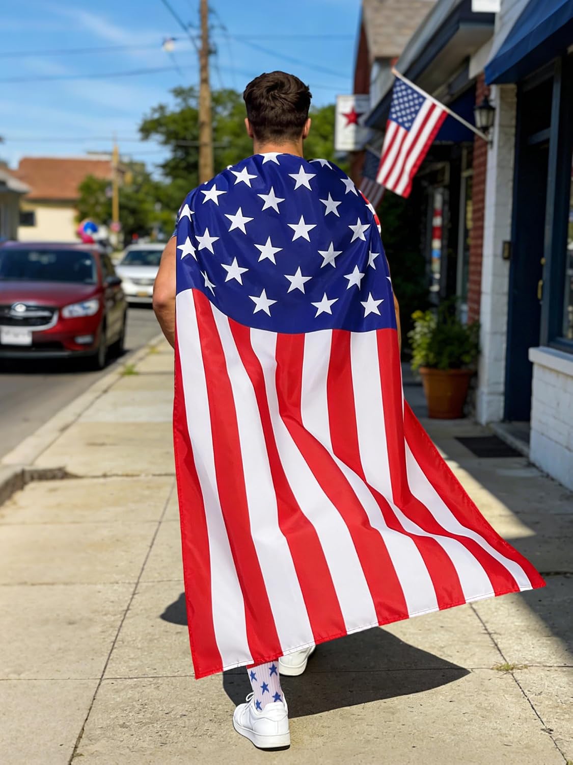 4Pcs American Flag Cape Costume, USA Patriotic 4th of July Outfits USA T-Shirt Sunglasses Socks for Independence Day