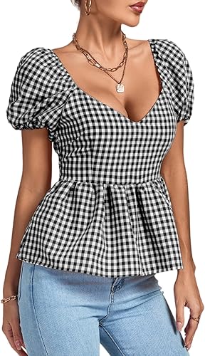 Miniatura 3 de LYANER Blusa peplum de manga corta con cuello en V y dobladillo fruncido en la espalda fruncida para mujer