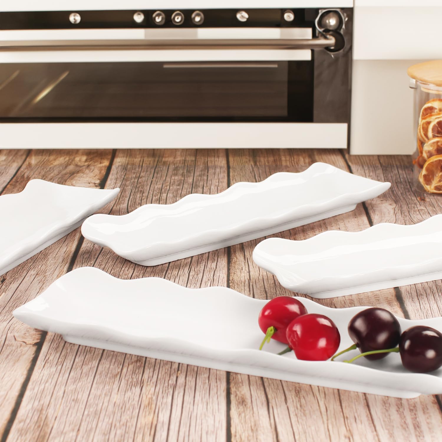 Olive Plate Set of 4, Dried Fruits Tray,Biscuit Olive Platter, Chip Resistant, White Porcelain Olive Canoe, Dishwasher Safe, for Snacks,Mousse Cake,Tiramisu,Sushi,Appetizers 12 Inch