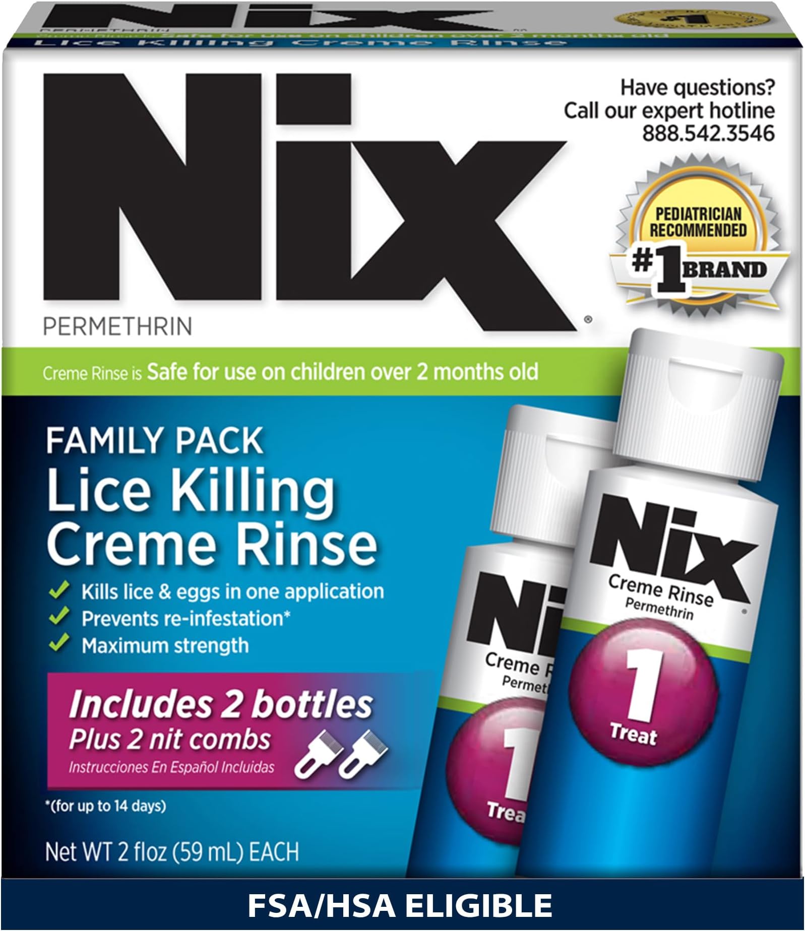 Nix Lice Treatment Family Pack, Kills Lice & Eggs, 2 Bottles Permethrin Crème Rinse (2 Fl Oz Each) & 2 Lice Combs