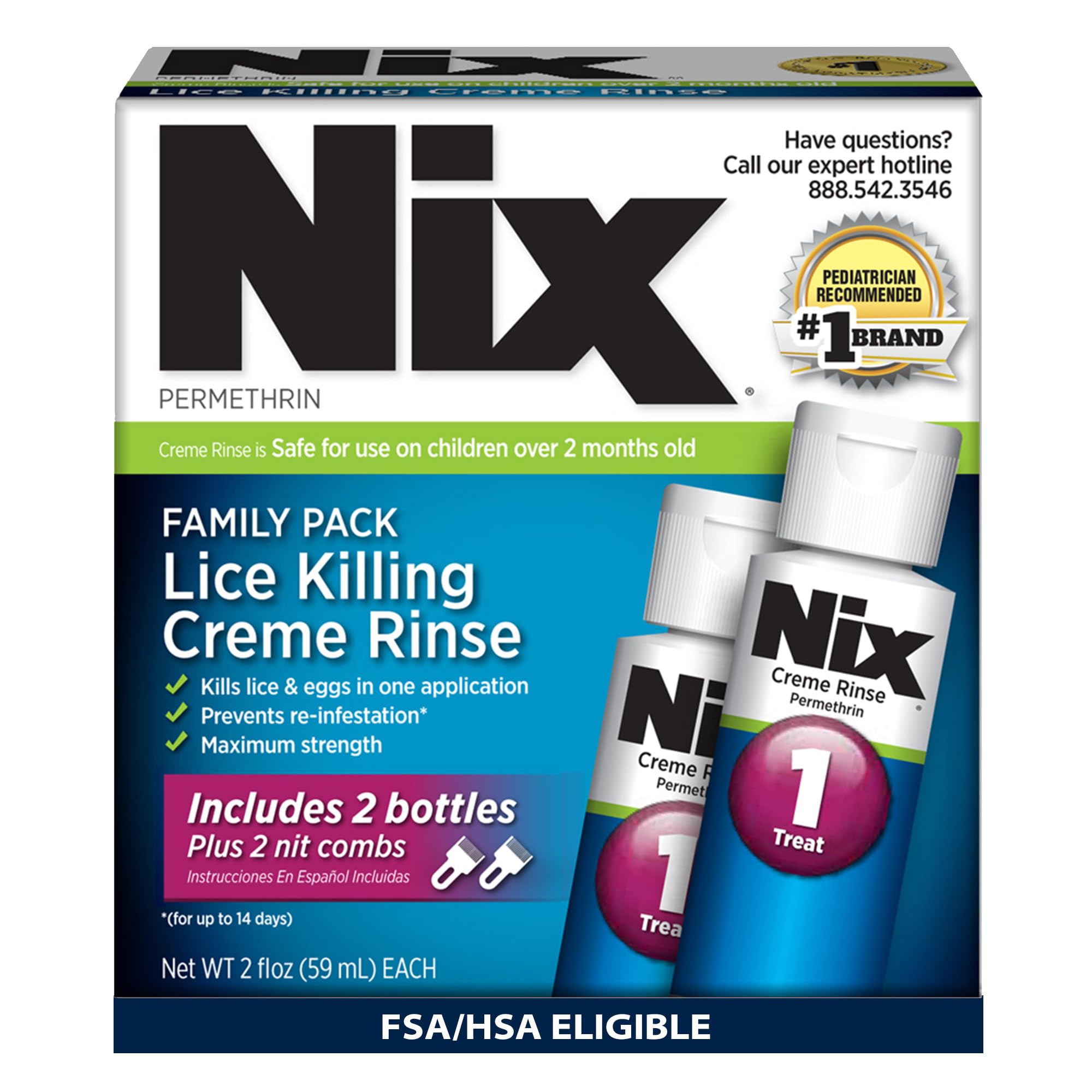Nix Lice Treatment Family Pack, Kills Lice & Eggs, 2 Bottles Permethrin Crème Rinse (2 Fl Oz Each) & 2 Lice Combs
