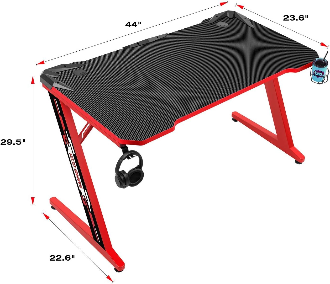 Flamaker Gaming Desk 44 Inch Gaming Table Computer Desk Gamer Table Z Shape Game Station with Large Carbon Fiber Surface, Cup Holder & Headphone (Red)