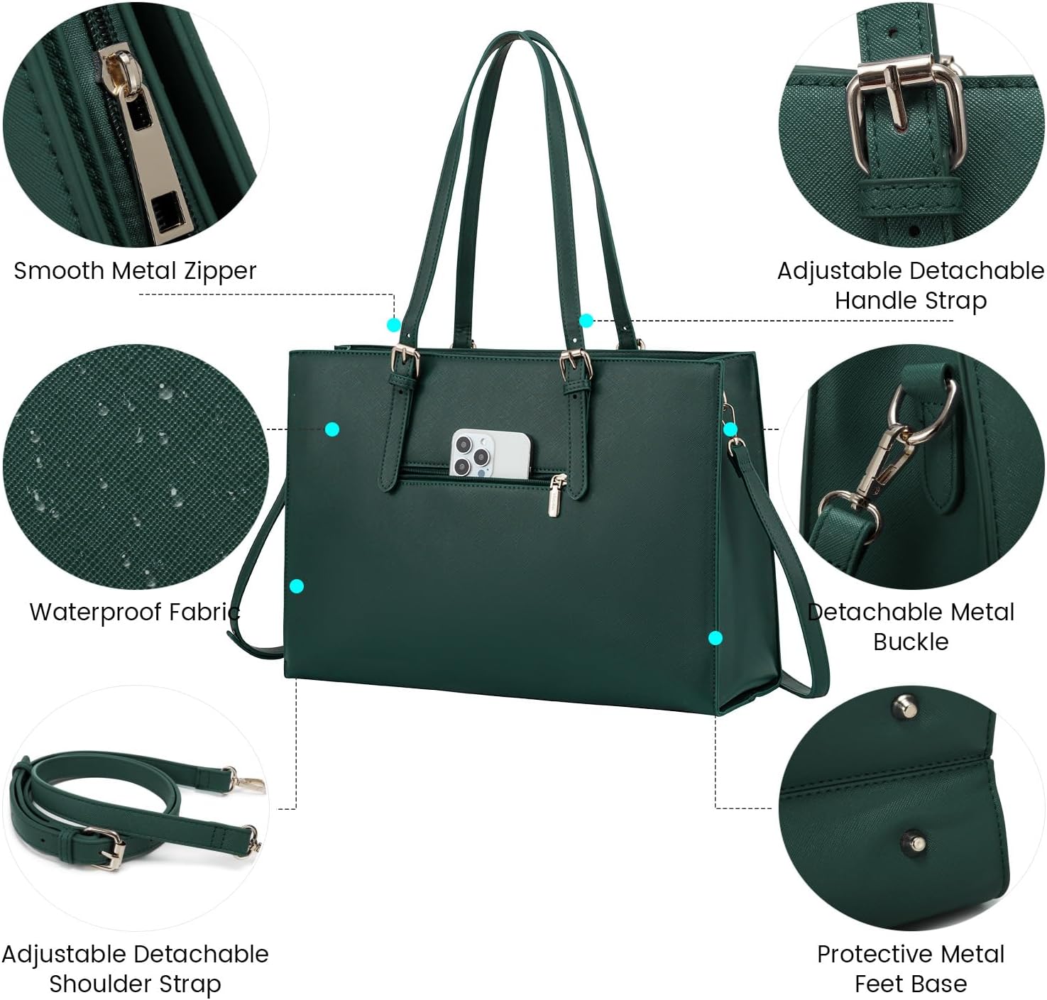 LOVEVOOK 17.3-inch Laptop Bag for Women, Large Capacity Travel Tote Bag with Clutch Purse 2PCs Set, Professional Business Computer Work Bag, Leather Shoulder Briefcase for Office Lady, Deepgreen