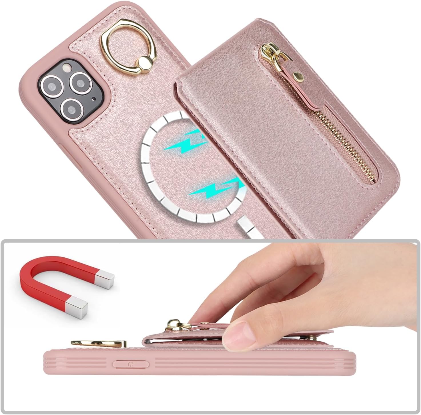 Ｈａｖａｙａ Detachable Magnetic Case for iPhone 11 Pro Max, 2-in-1 System with Zipper Card Wallet & Built-in Phone Grip - Magsafe Compatible PU Leather Cover - Rose Gold
