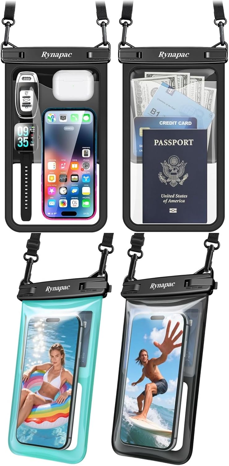 Rynapac 4 Pack IPX8 Waterproof Phone Pouch - [10in 2Pack + 8.5in 2Pack] with Adjustable Lanyard for iPhone 17 16 15 Pro Max