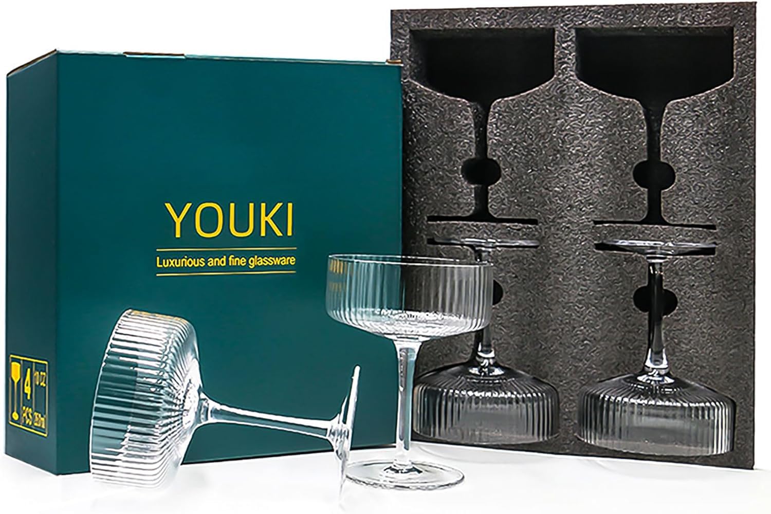 YOUKI Cocktailgläser, Vintage-Coupé-Gläser-Set, Champagner, Cocktail, Martini, Weingläser, langer Stiel, 280 ml, 4 Stück