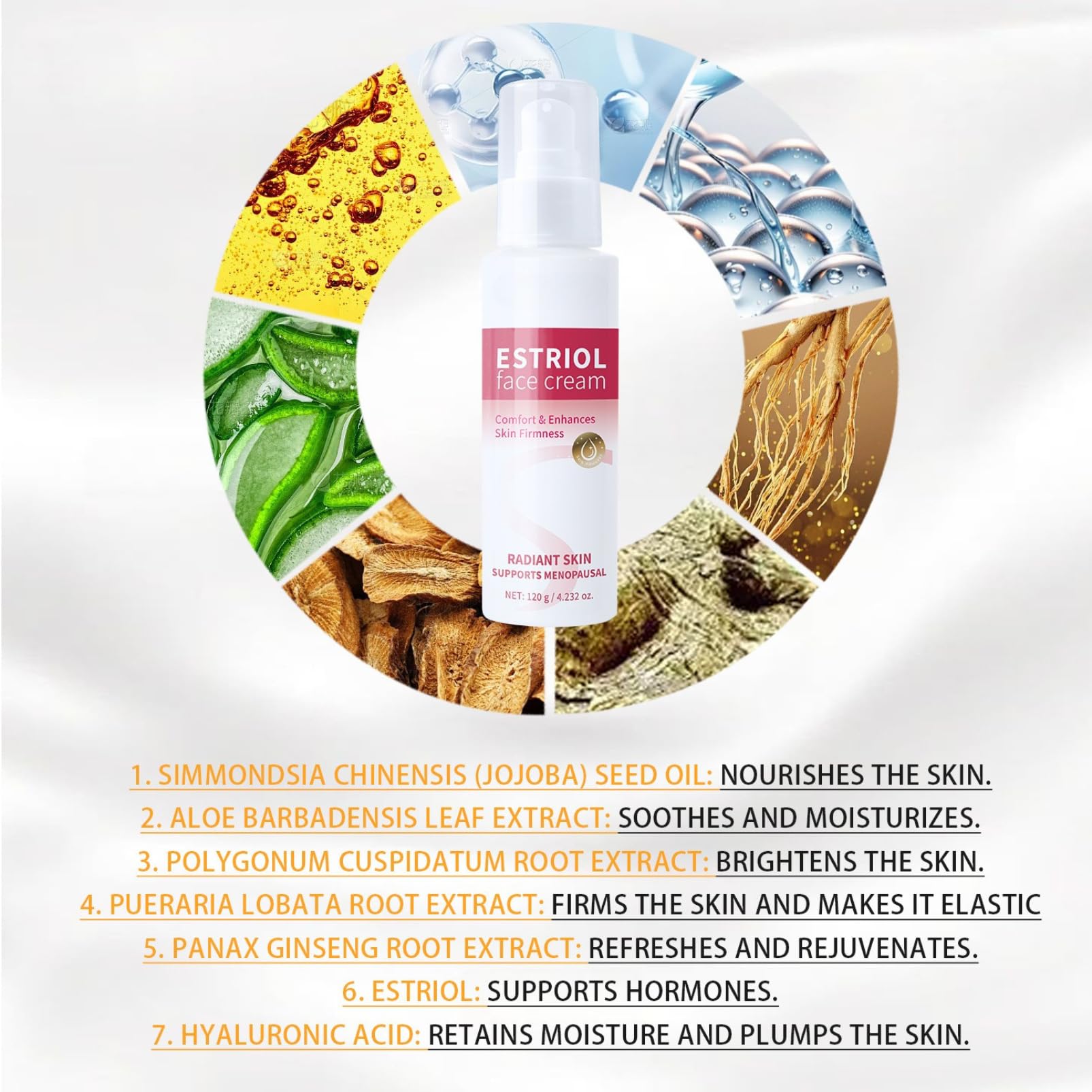 Estriol Face Cream- Menopause Face Night Cream- Anti Aging Moisturiser to Enhance Firmness,Lighten Skin- Nourishing Moisturizer For Mature Sensitive Skin With Hyaluronic Acid,Relieves Hot Flashes-120g - Image 2