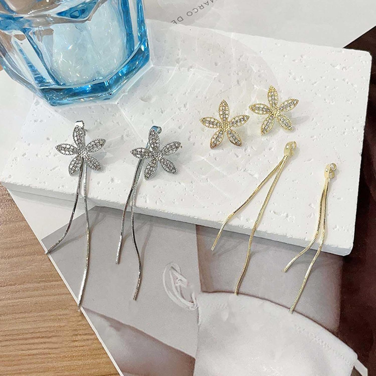 W WEILIRIAN Boho Crystal Flower Jacket Earrings for Women Flower Tassel Chain Earrings Gold Rhinestone Flower Earrings Cz Flower Stud Earrings Two Ways Front Back Earrings Jewelry for Girls - Image 6