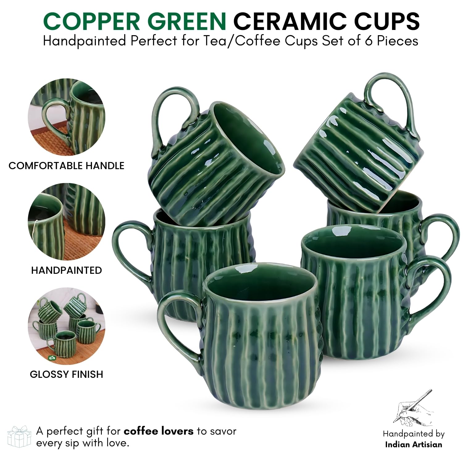 VarEesha Hand-Made Copper Green Ceramic Coffee Mugs Set of Six|Tea Cups Set of 6 | Microwave Safe Dishwasher Safe | Lead Free 1