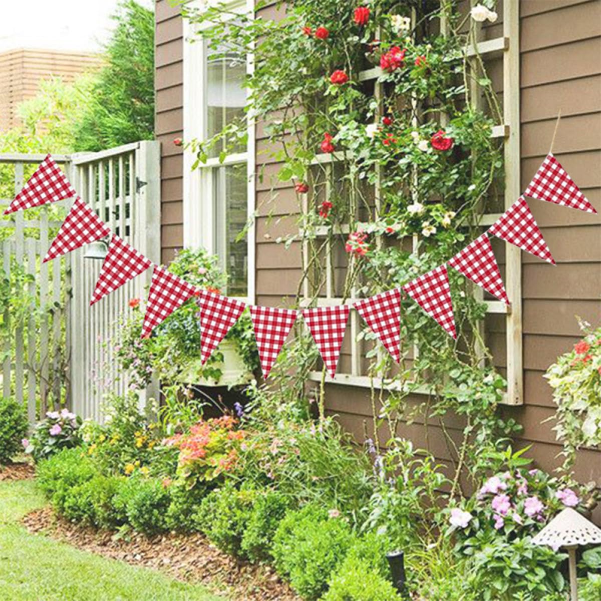 CHILDWEET Bannière pour Décoration Intérieure et Extérieure Triangle à Carreaux Rouge en Coton pour Fêtes D'anniversaire et Décoration Murale