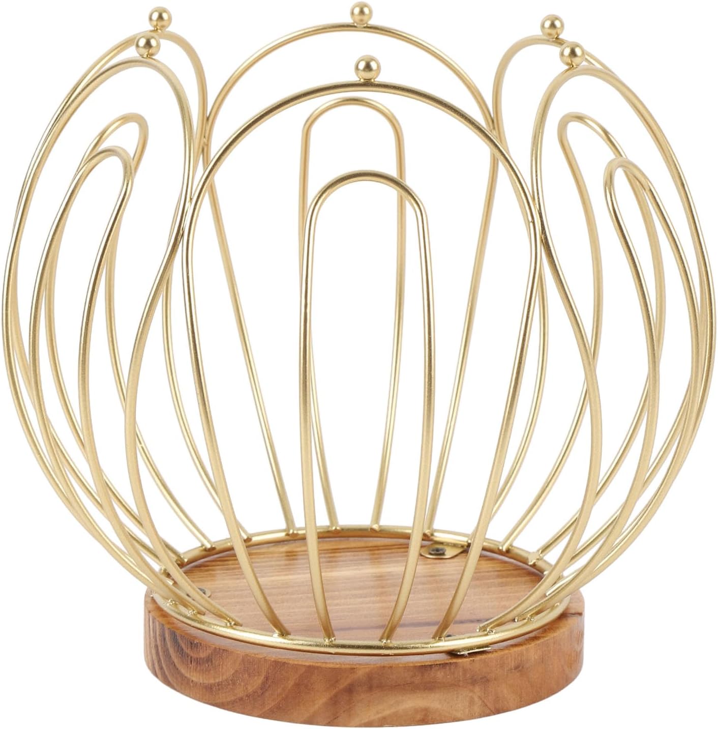 Coffee Pod Holder Basket with Wooden Base, Wrought Iron Metal Wire Coffee Capsule Organizer, Gold Coffee Pod Storage for Keurig, Countertop Table Decor for Home Kitchen
