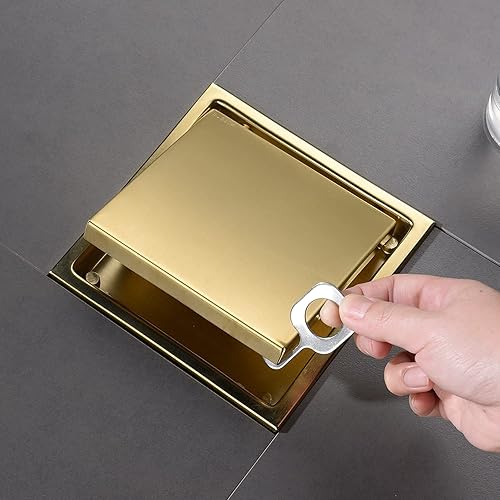 Miniatura 3 de DEOKXZ Desagüe de ducha cuadrado dorado cepillado de 6 pulgadas, con cubierta de rejilla extraíble, forma oculta, acero inoxidable SUS304