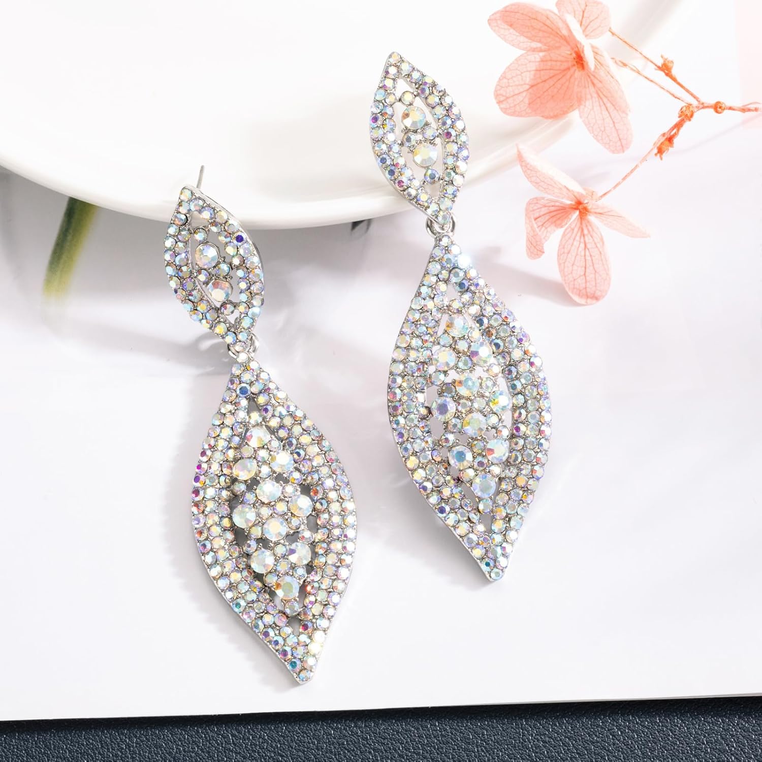 Women Large Statement Chandelier Earrings Rhinestone Clear Crystal Party 2 Leaf Dangle Earrings - Image 4