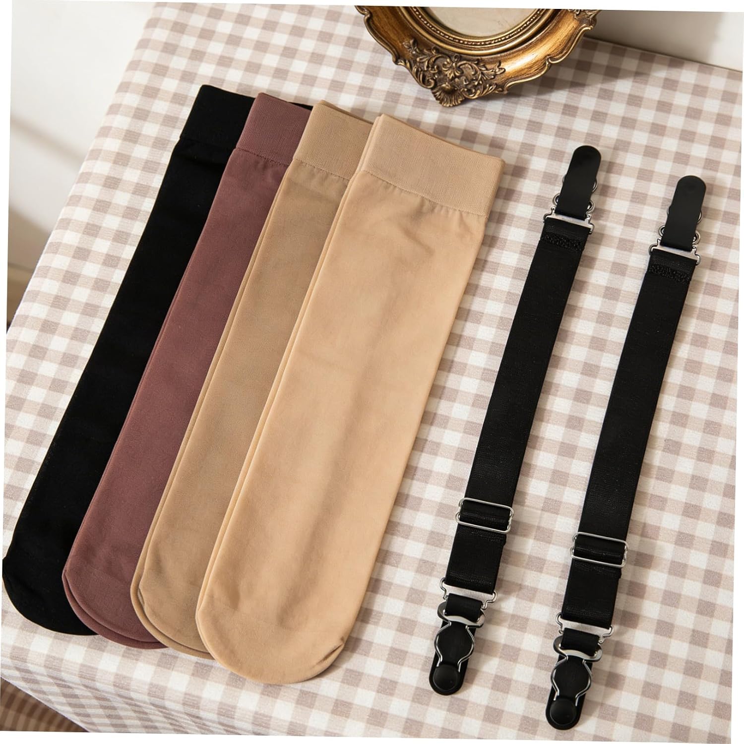 2 Pairs Adjustable Black Leg Garters with Clips for Women, Anti-slip Chinlon and Metal Stockings Suspender Belts, Classic Fashion Style for Movement and Work