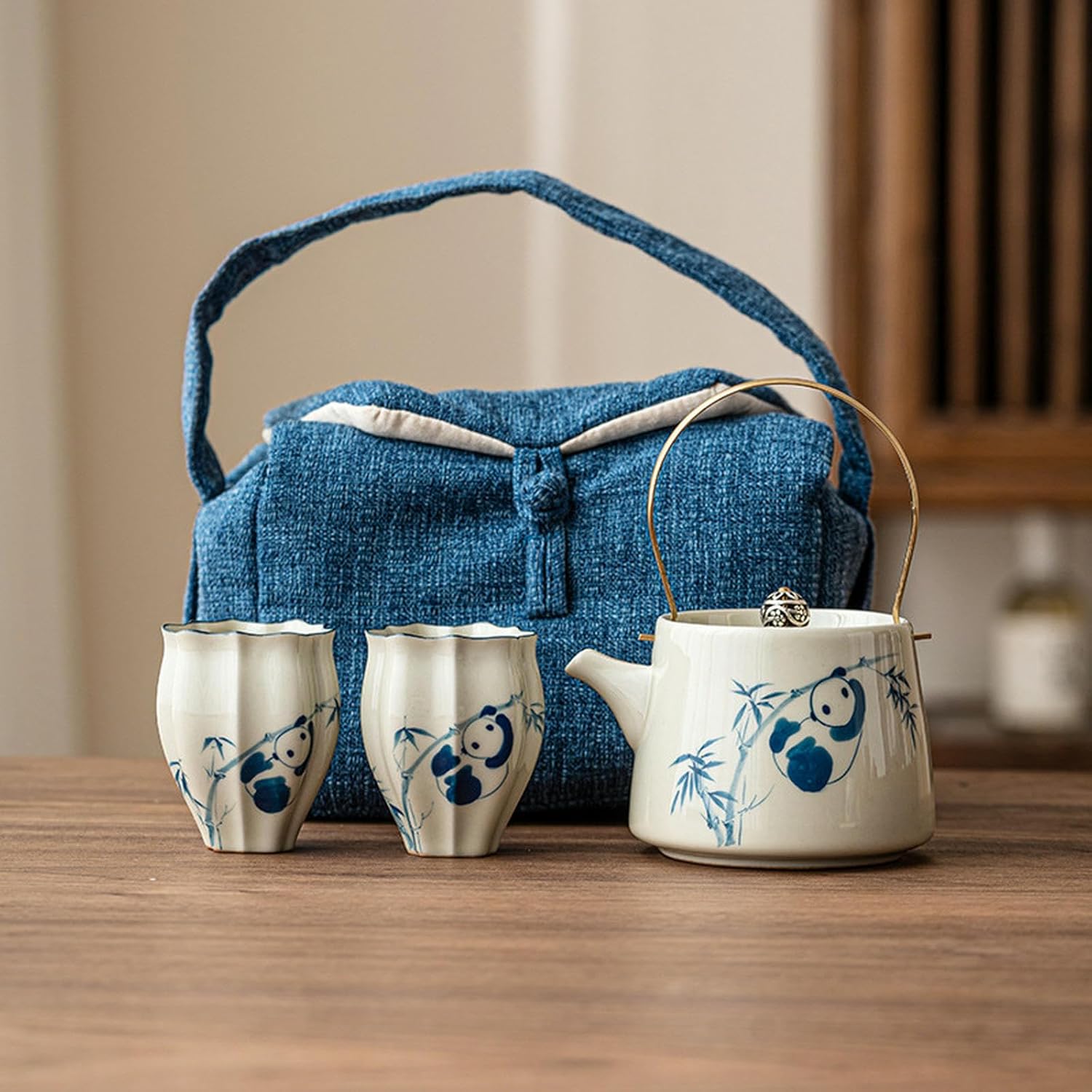 Hand-painted panda travel tea set, portable outdoor cam tea cup - storage bag