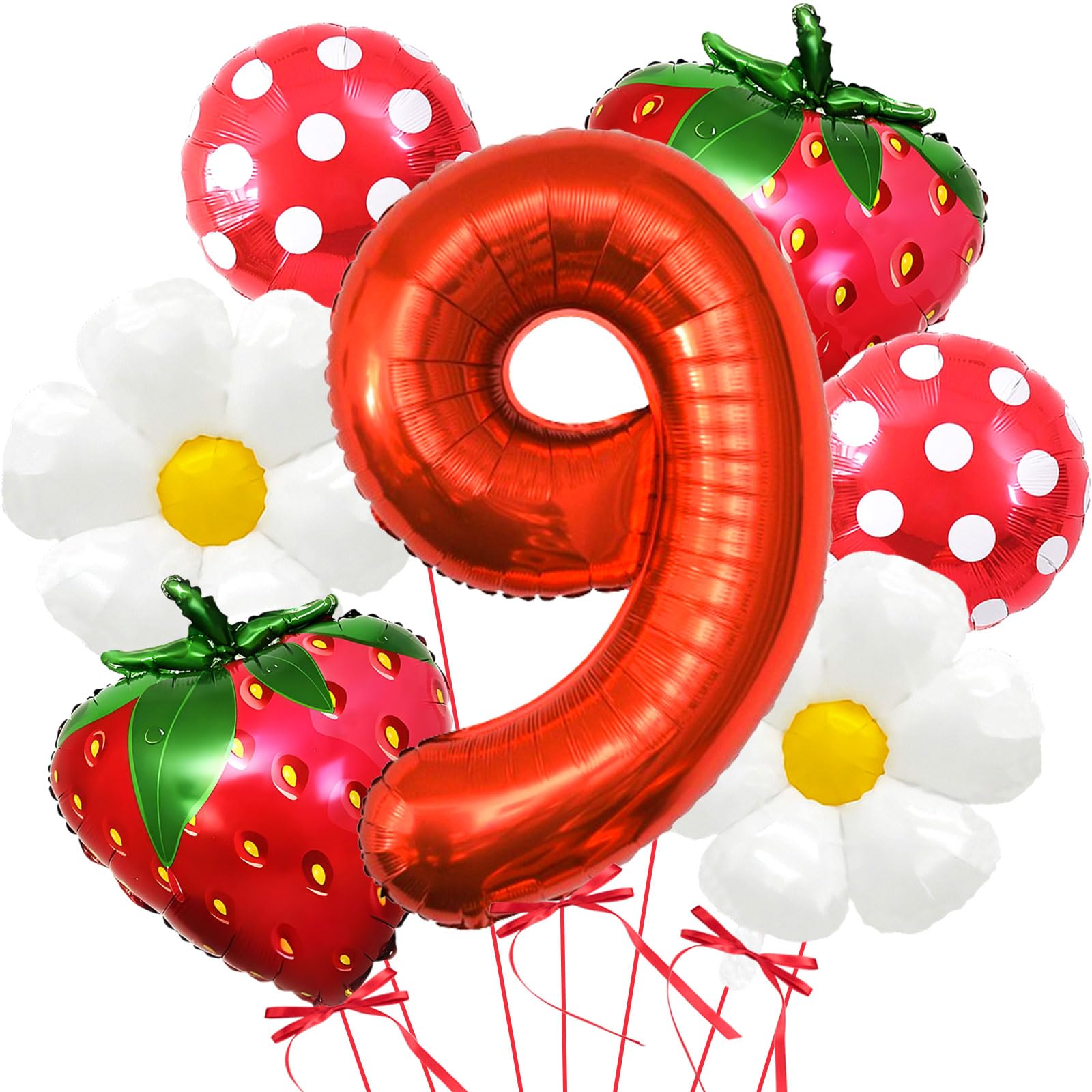 Strawberry Balloons Ninth Birthday Decorations for Girl, 40 Inch Mylar Red Number 9 Balloons, Strawberry Balloon for Strawberry Birthday Decorations,