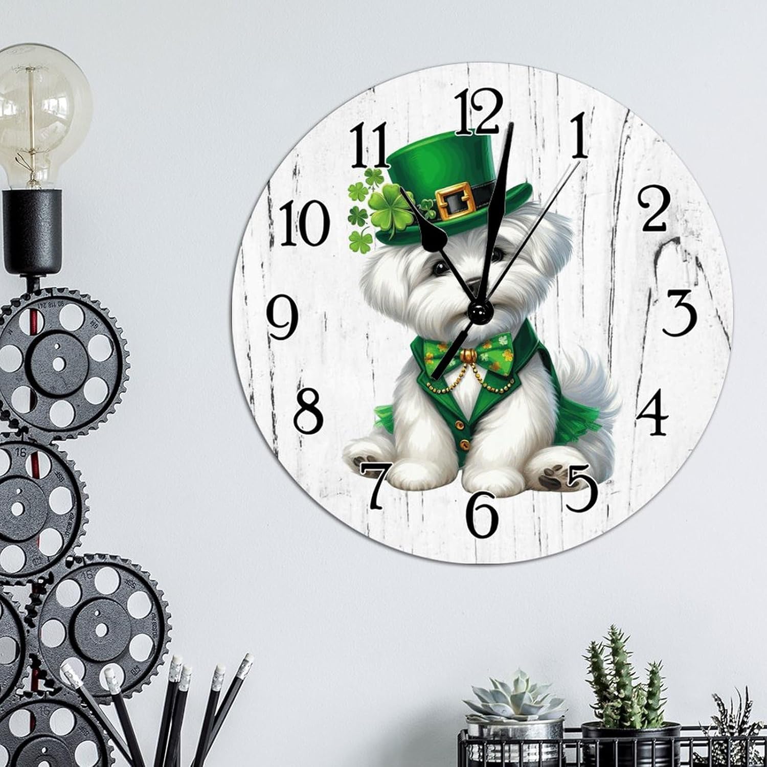 Maltese Dog Green Leprechaun Hat Leaf Clocks Maltese Dog St. Patrick's Day Wood Clocks Battery Operated Round Wall Clock Gift for Dog Mom Art Clock for Home Office School 15x15in