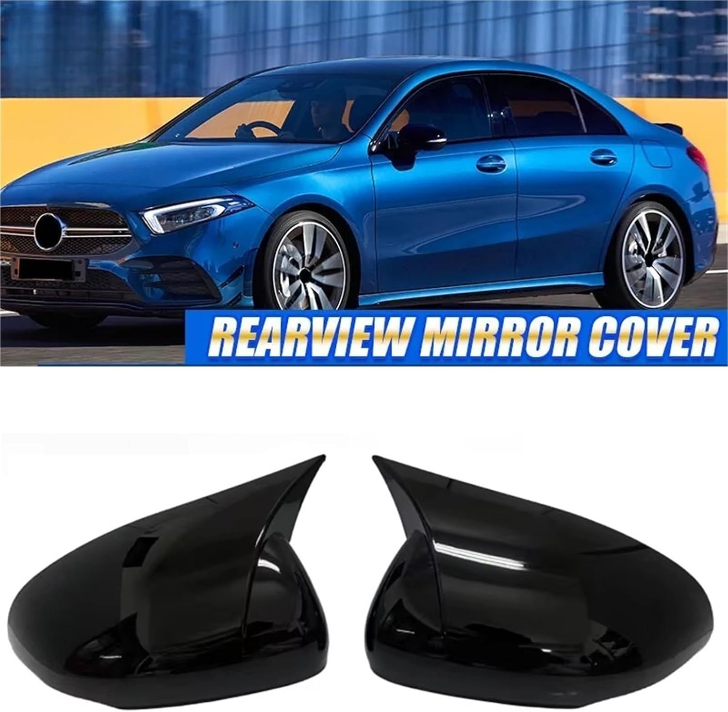 Car Rearview Mirror Cover Compatible With Mercedes Benz W177 A200 A220 A250 A35 A45 AMG 2019-2023 Ox Horn Mirror Cover Cap Auto Accessories(Glossy Black)