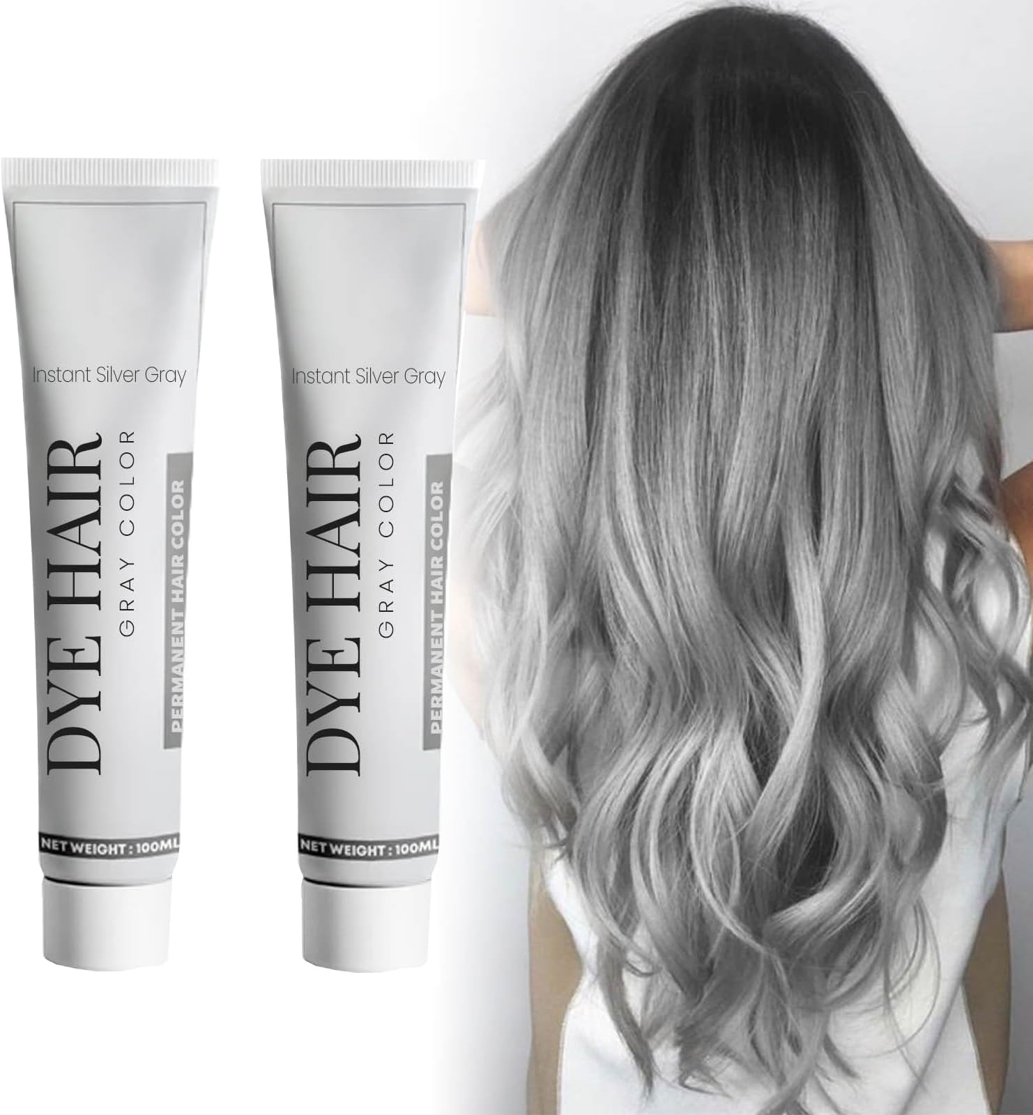 Grey Natural Hair Dye Cream, Unisex Silver Hair Colour, Instant Gray Dye for All Hair Types, Non-Damaging, Easy to Apply and Clean (2, 100ml)