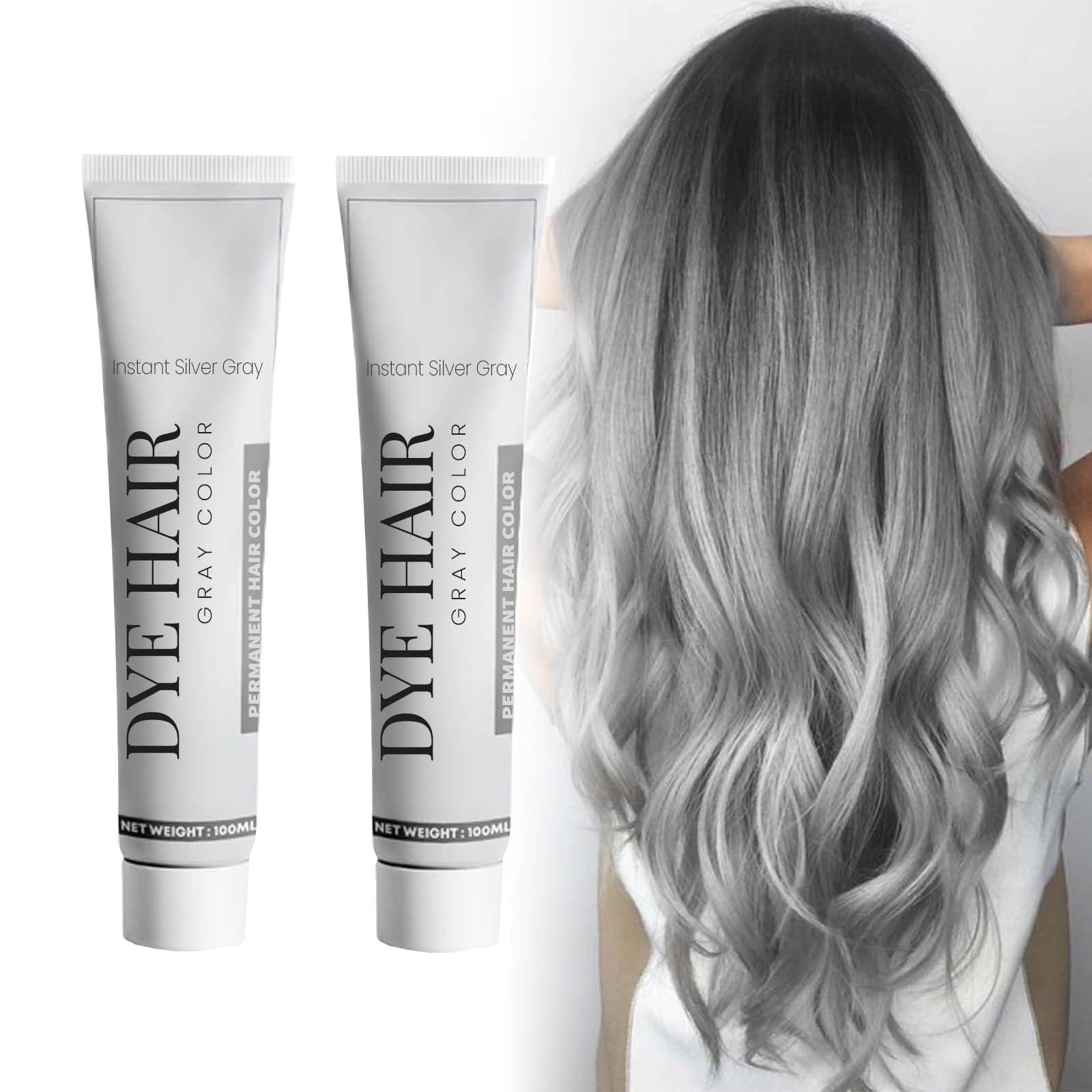Grey Natural Hair Dye Cream, Unisex Silver Hair Colour, Instant Gray Dye for All Hair Types, Non-Damaging, Easy to Apply and Clean (2, 100ml)