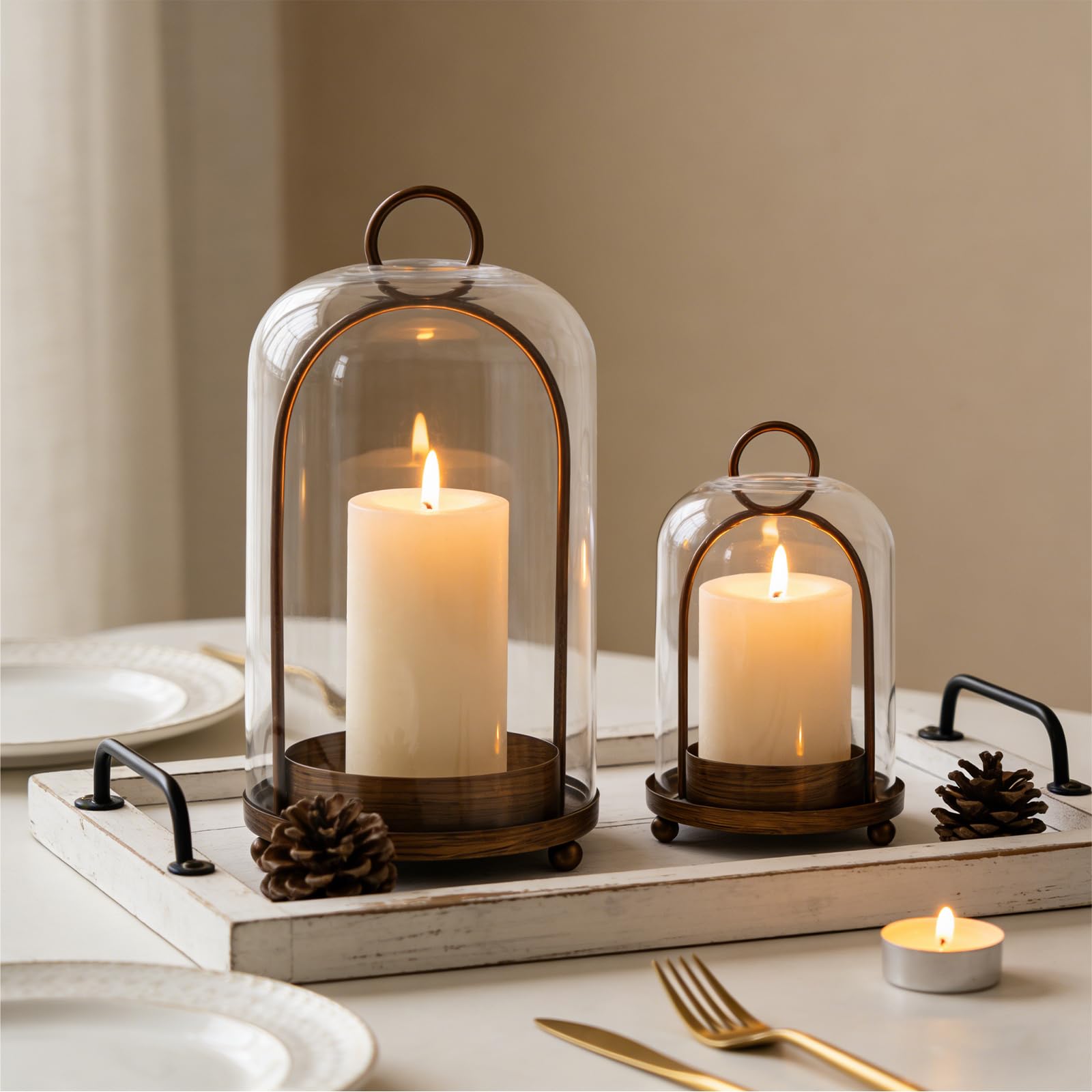Ensemble de bougeoirs en métal avec dôme en verre pour offrir