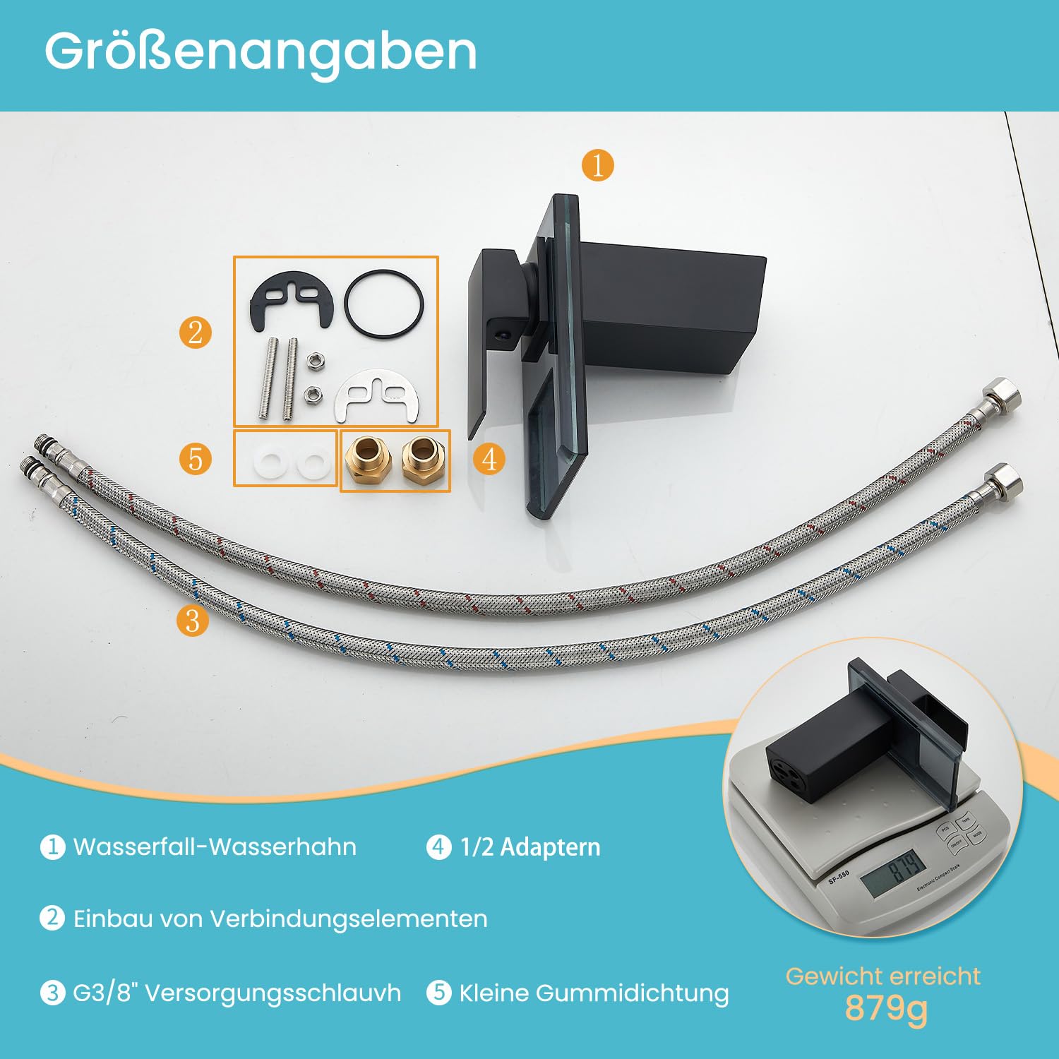 Wasserhahn Bad,Wasserfall Armatur Badezimmer Glas,Schwarz | Einhebel-Mischbatterie,Edelstahl Waschbeckenarmatur