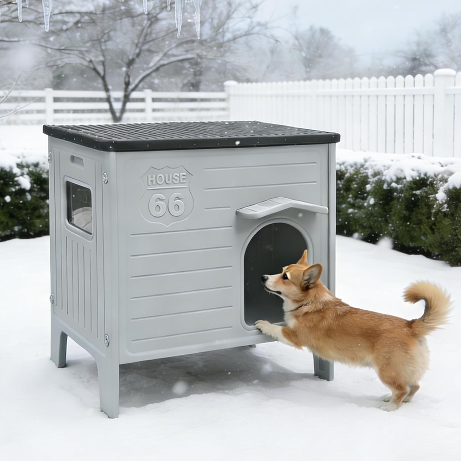 Rockever Insulated Dog House Outdoor Indoor for Small Medium Dogs, Insulated Dog House with Insulated Liner, Plastic Elevated Outdoor Dog House Waterproof Dog Kennel, Clean Easily((M & Liner)