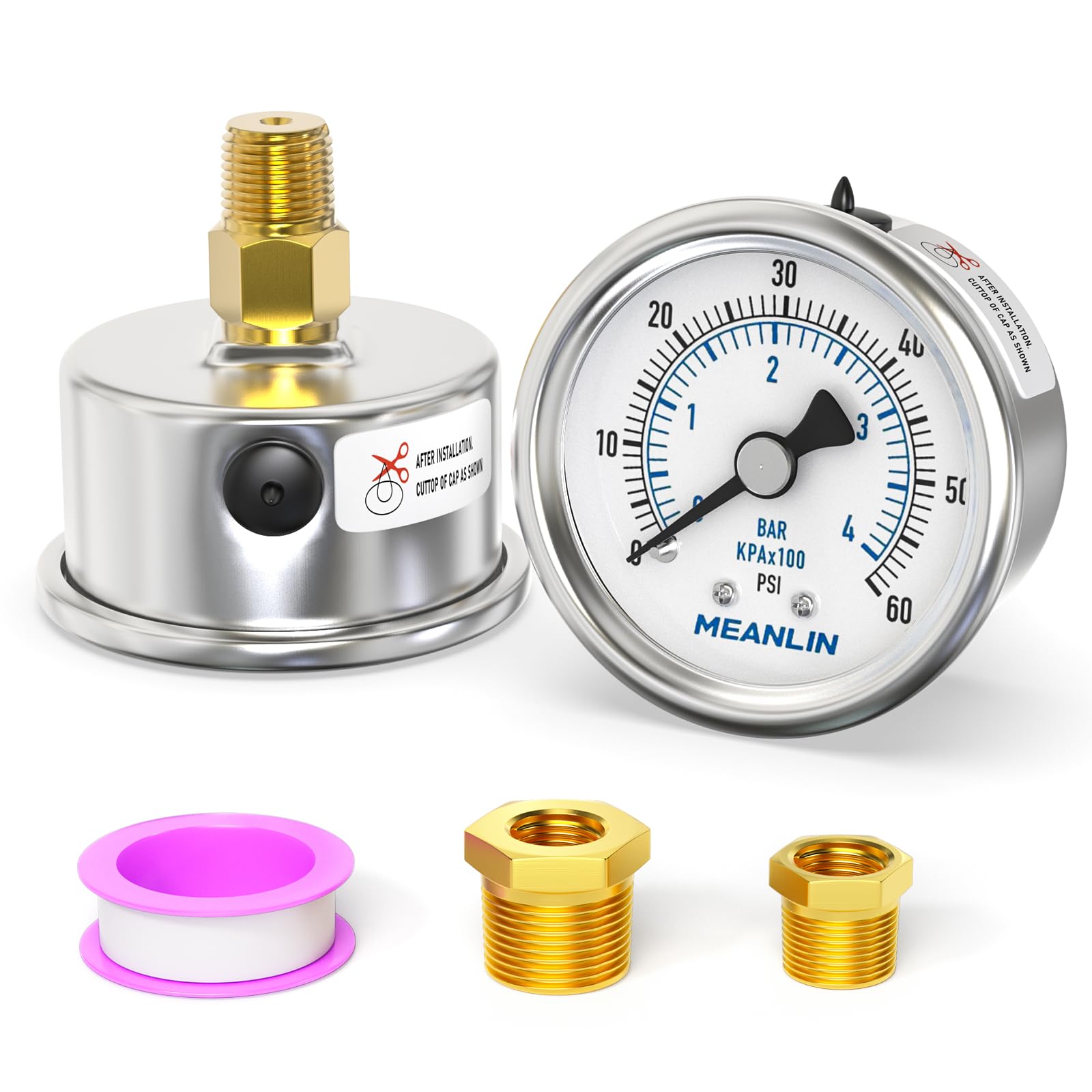 MEANLIN MEASURE 0~60Psi Dry Pressure Gauge Stainless Steel 1/4"NPT 2"FACE DIAL Waterproof for Pool Filter Pump Water Air Compressor Tire Pressure