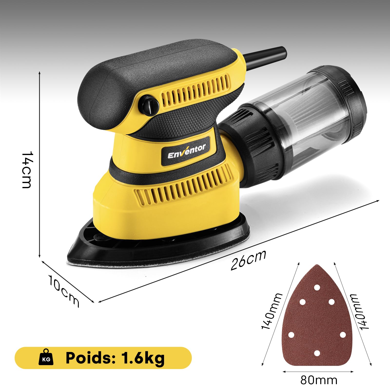 Enventor Ponceuse Excentrique 210W, avec 16 Feuilles Abrasives, 15000 tr/min, Système auto-agrippant, sac à poussière, idéale pour les angles et les Bords, Bois et Métal