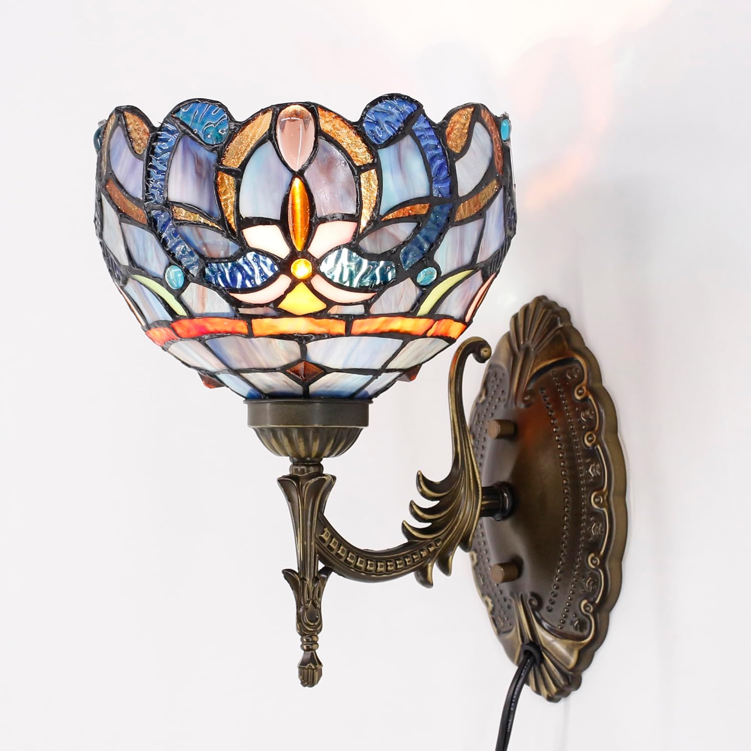 Tiffany Wall Sconce Lamp Stained Glass 8X10.5X11 Inch Plug in Wall Bedside Light for Hallway Bedroom (Blue Purple Cloudy Style)