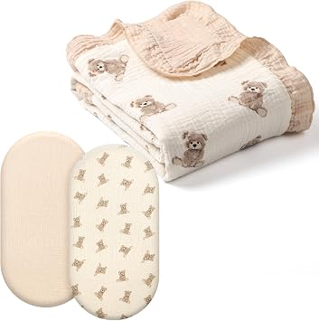 100% Organic Cotton Muslin Baby Bassinet Sheets 2 Pack 33x17 for Baby Girl Boy, 100% Organic Cotton Muslin Baby Blanket Flounce Edge Large 50"x43" Teddy Bear