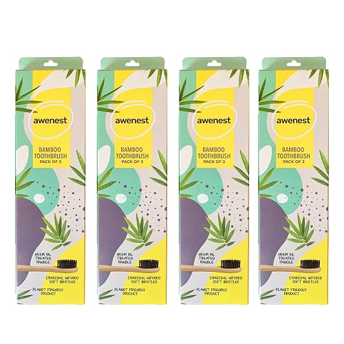awenest Bamboo Toothbrush With Charcoal Activated Soft Bristles - Pack Of 12|Treated With Neem Oil|For Fungus Protection|Bpa Free,Biodegradable And Compostable Handle|Eco-Friendly,Manual,Adults