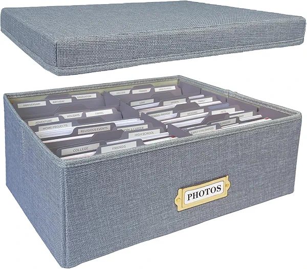 Sprsthai Linen Photo Storage Box, Large Capacity Organizer Box, Storage Holds 1700 Picture, with 24 Adjustable Dividers, 72 Labels, Fabric Picture Box for Photos, Envelopes, Recipes Grey