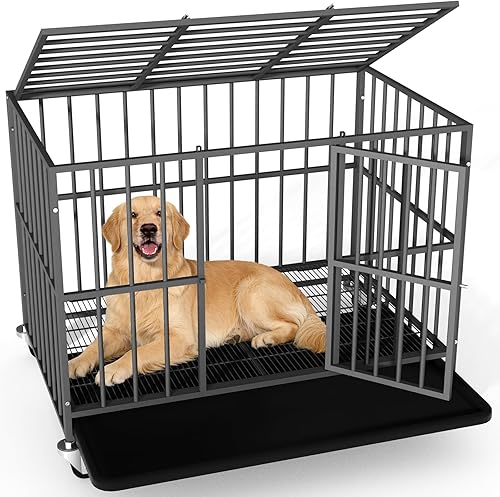 Jaula para perros resistente de 42 pulgadas con puertas dobles y ruedas con cerradura, perrera grande para interiores, bandeja extraíble para una
