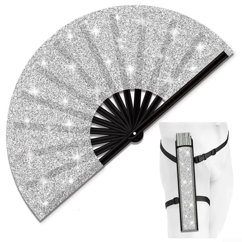 Hand Fan, 33cm Glitter Folding Clack Fan Perfect for Raves Festivals Parties Flamenco Spanish Style Dance Fan Sparkle Sequin Fabric Colorful Design(Silver glitter fan)