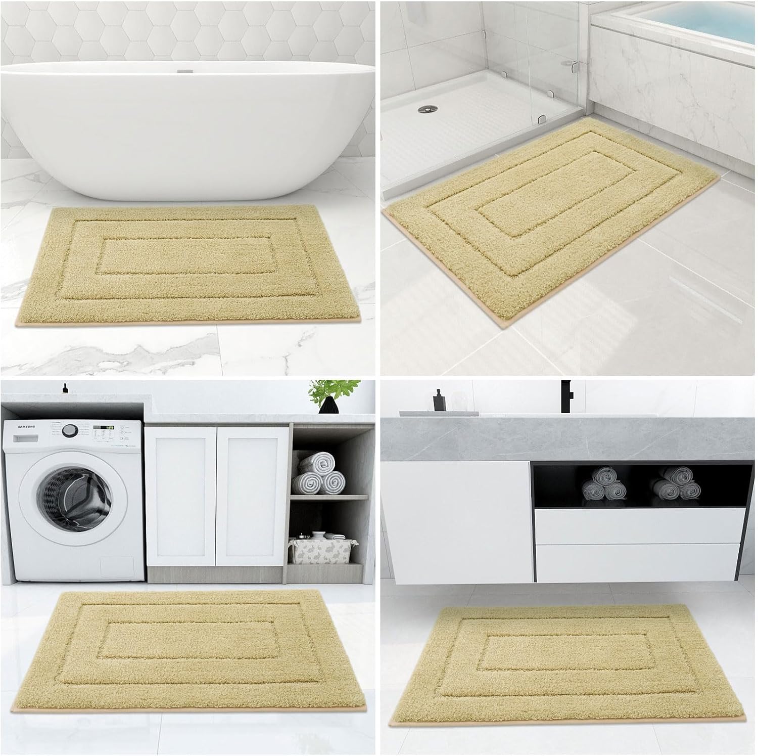 Buganda Microfiber Bathroom Rugs and Toilet Rugs U-Shaped, Bath Rug Size 24 x 16 and Toilet Rugs Size 24 x 20 in Beige, 2 Item Bundle