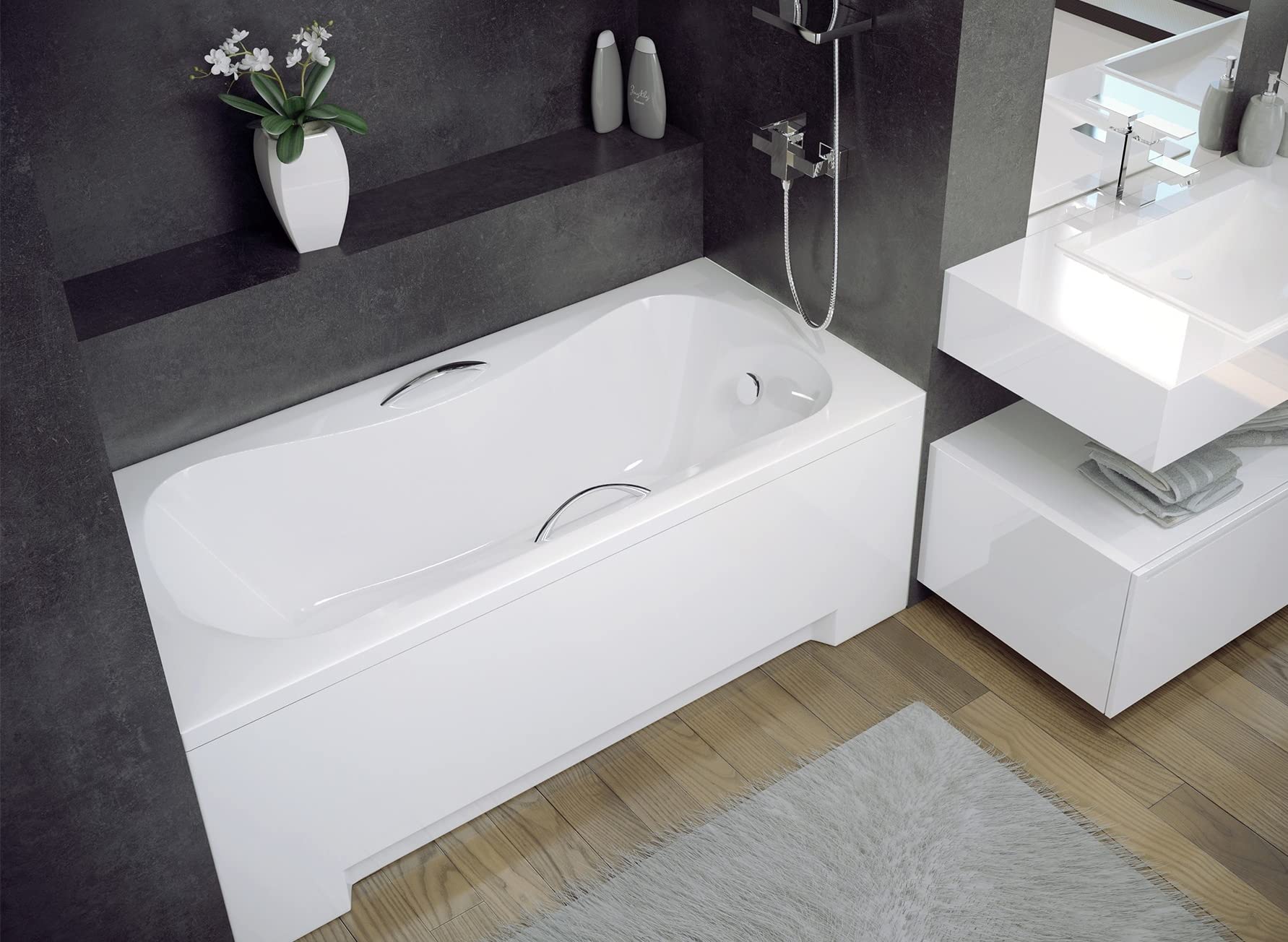 BADLAND Badewanne Original Weiß Acryl Wanne Rechteck ARIA PLUS 160x70 KOMPLETTSET SET mit Weiß Acrylschürze + Füßen und Exklusive Chrom Automatik Ablaufgarnitur Made in EU 4in1