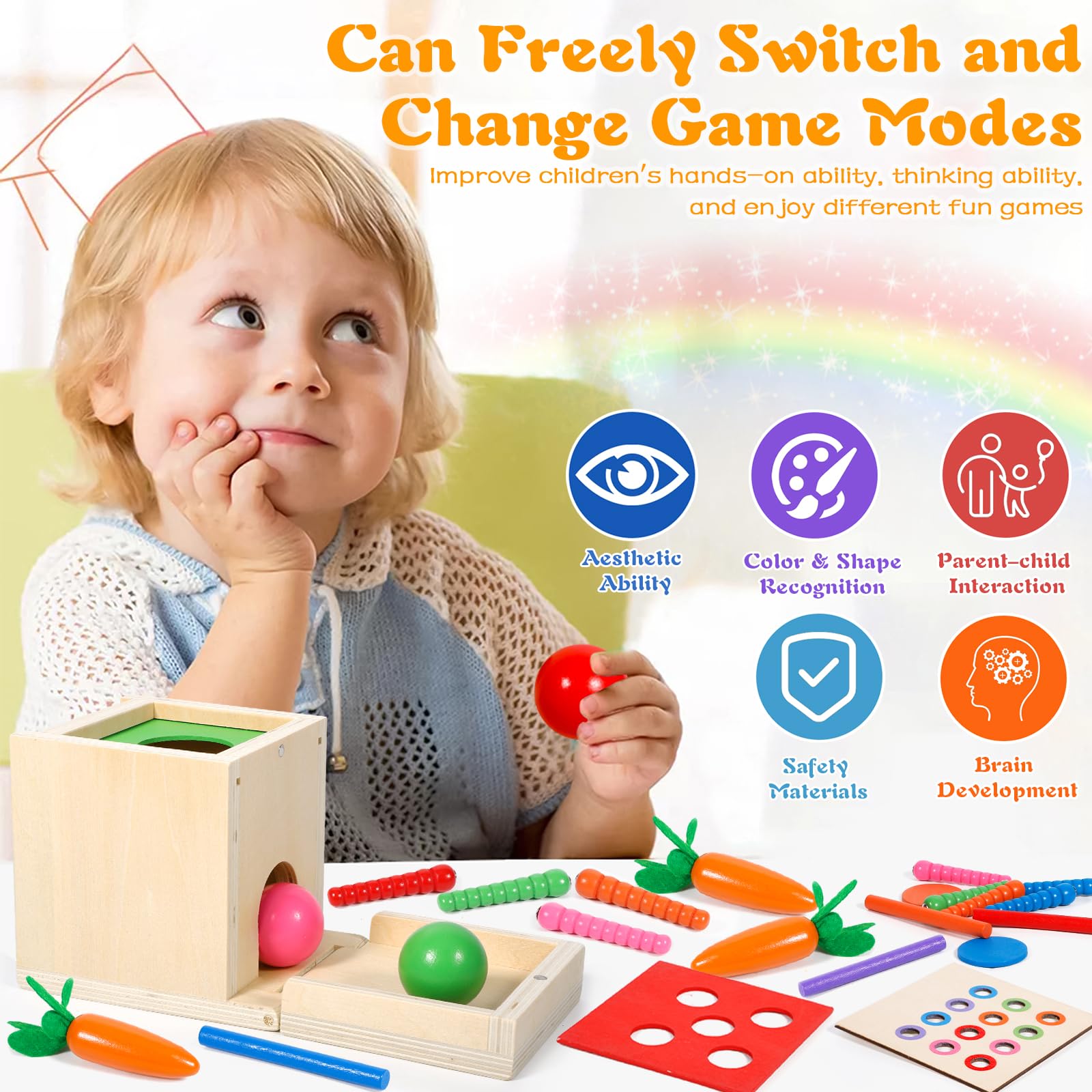 Purpledi Giochi Legno Bambini, 6 in 1 Giochi Montessori Cubo Multiattivita Legno Gioco per 1 2 3 Anni Ragazzi Ragazze, Interattivo Giocattoli Educativi per Bambini Come Regalo di Natale (A)