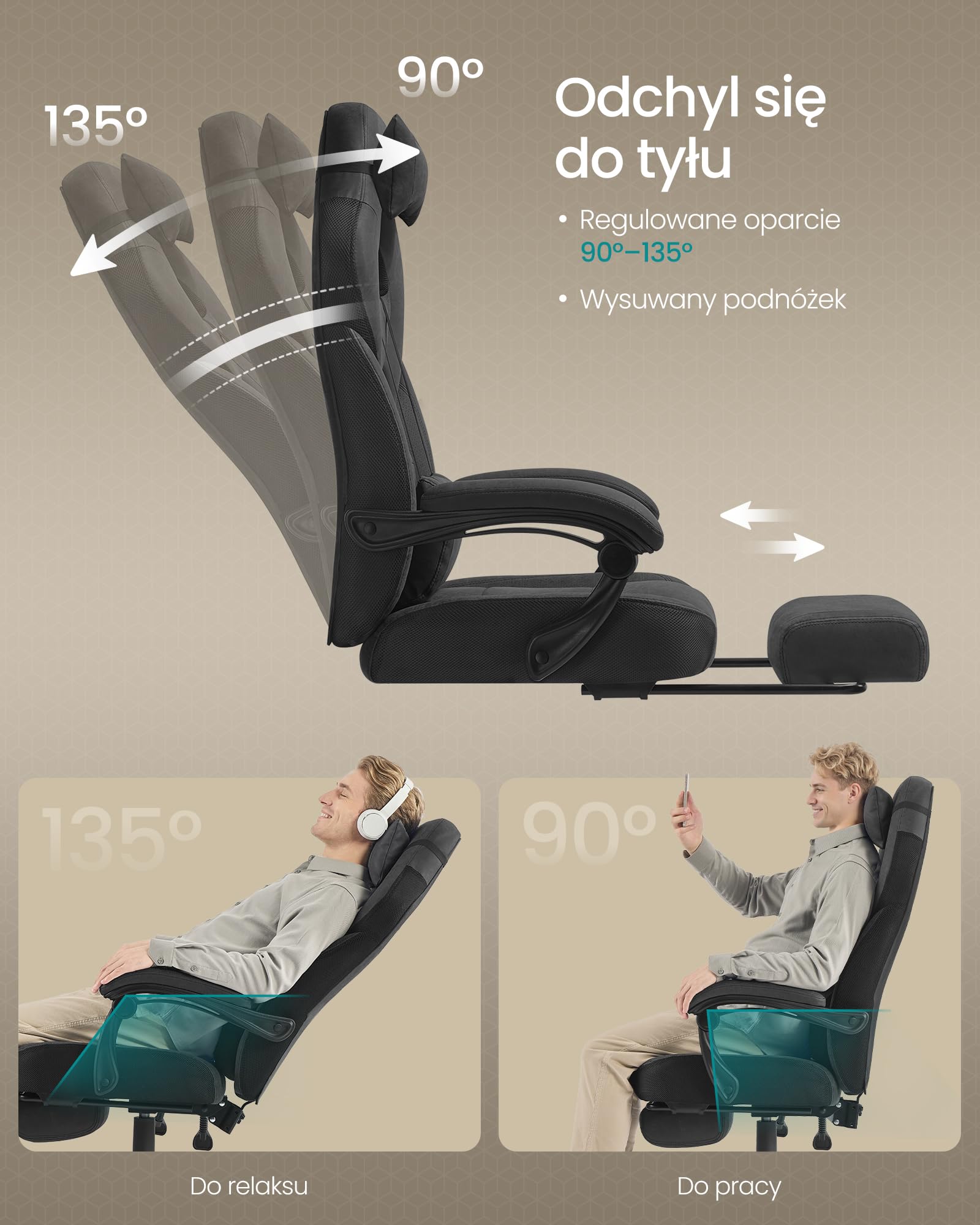 SONGMICS Fotel gamingowy, krzesło biurowe, krzesło komputerowe, ergonomiczny design, z podnóżkiem, regulowanym zagłówkiem, podparciem lędźwiowym, udźwig 150 kg, kolor czarny atramentowy OBG077BH21
