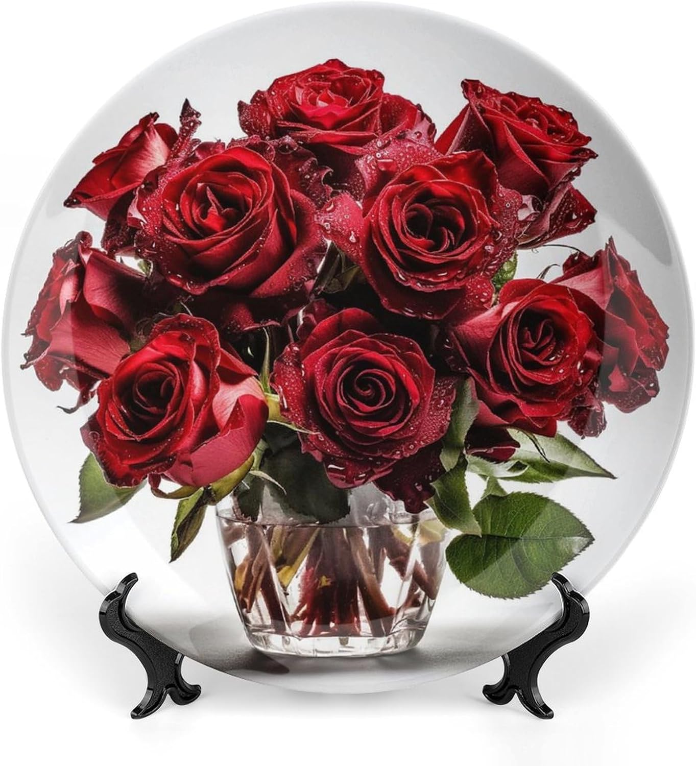 Bone China Decorative Plate Red Flowers in Vase Ceramic Dinner Plates with Display Stand Ceramic Ornaments Art PorcelainPlate for Home Office Wall Decor Collections Plate 10inch