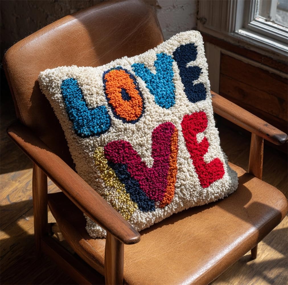kitphoenix DIY Latch Hook Kits,Love 17X17Inch Needlepoint Pillow Kit, Half Cross Stitch Kit, Embroidery Kit, Latch Hook Cushion Cover Hobby & Crafts