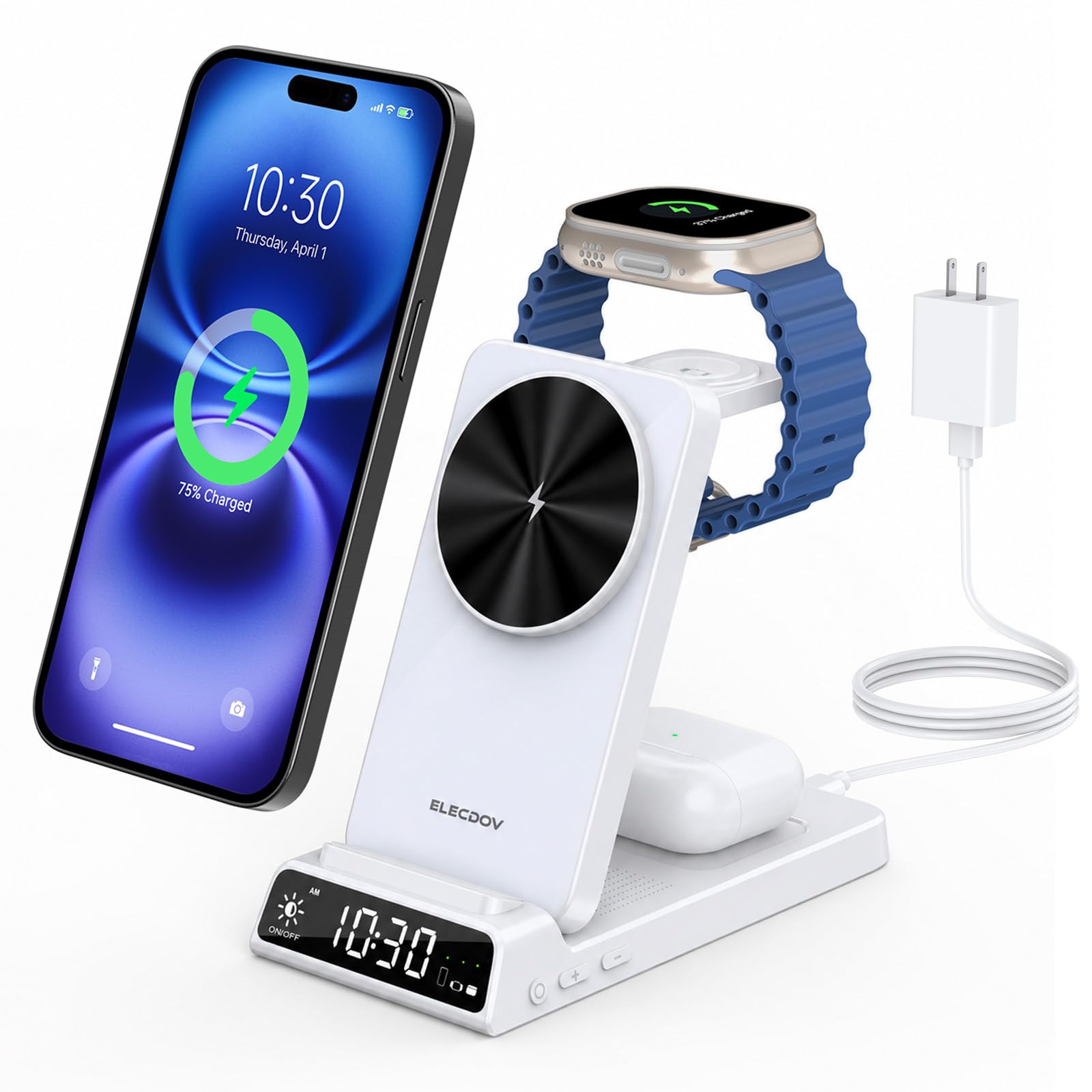 3-w-1 bezprzewodowa stacja ładująca dla Apple, składana magnetyczna stacja ładująca dla iPhone 17e/17 Pro Max/16 /Pixel 10/Samsung S26, stacja ładująca z zegarkiem dla Apple Watch 10/Ultra/9