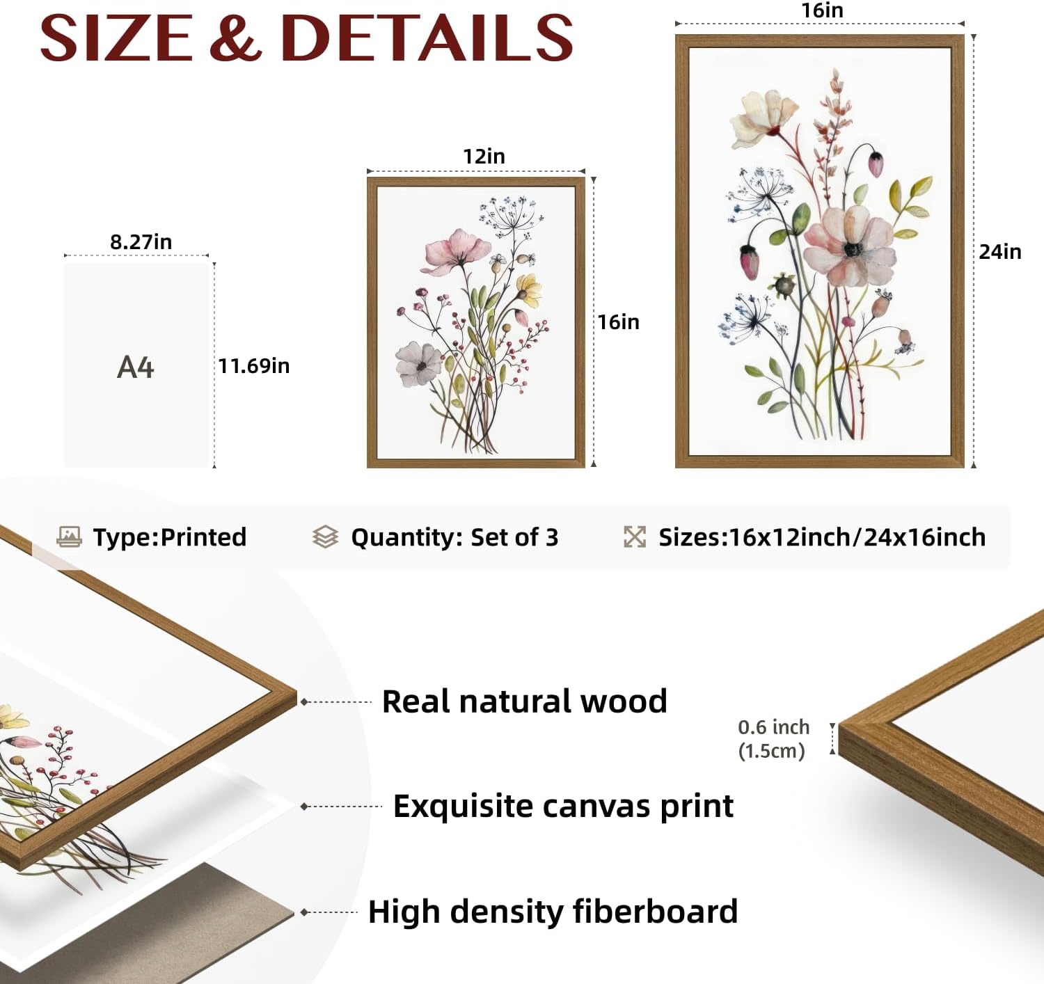 EisEver Watercolor Wildflower Wall Art Set of 3, Botanical Floral Canvas Prints, Neutral Farmhouse Flower Decor, Minimalist Nature Artwork for Living Room Bedroom Bathroom Wood Framed 12x16 Inch